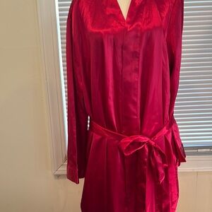 Red Satin Robe with Belt and Lapels